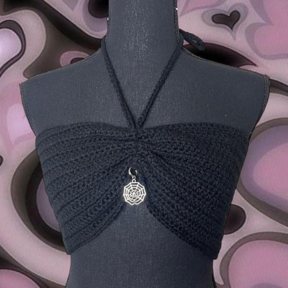 crocheted bandeau top with cinched middle, neck ties, and corset back